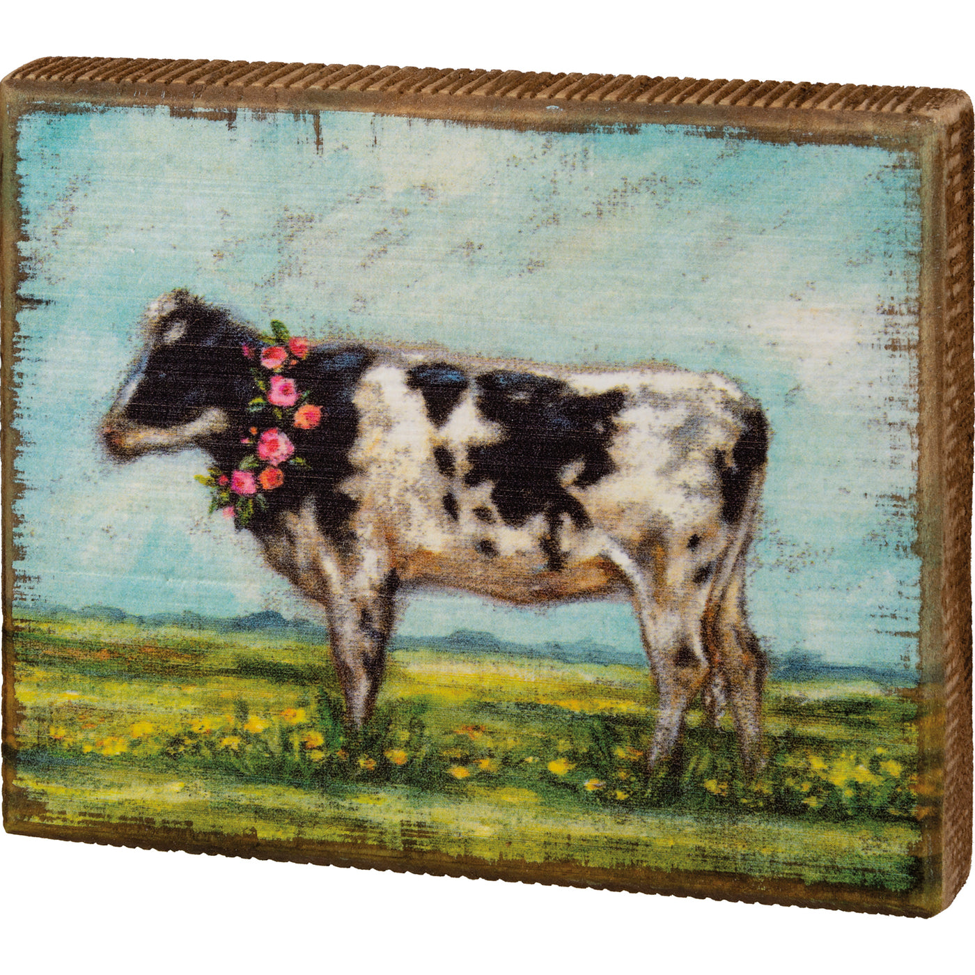 Cow with a Floral Wreath Block Sign