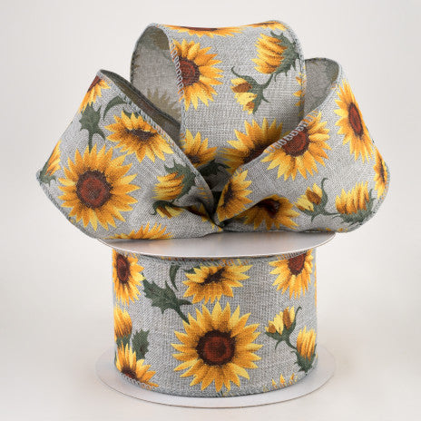 💙 Sunflowers & Leaves on Grey Ribbon: Grey 2.5" x 10 Yards