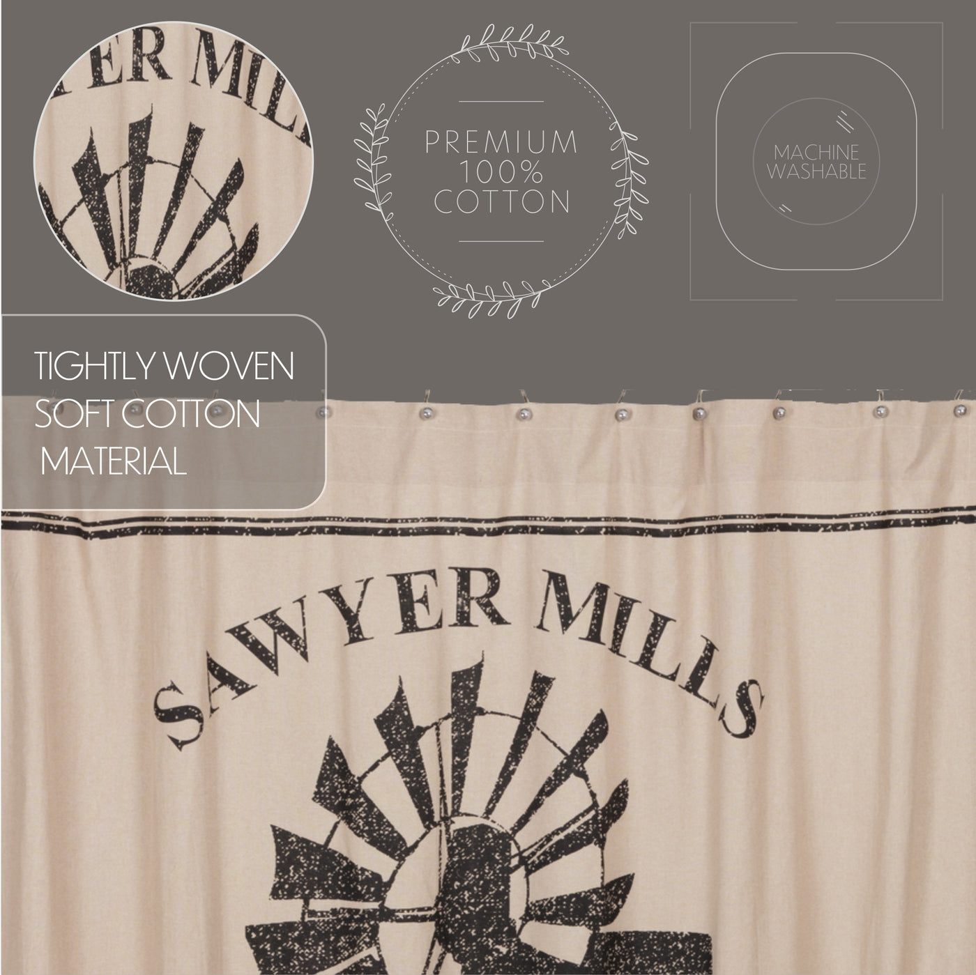 Sawyer Mill Charcoal Windmill Shower Curtain 72" x 72"