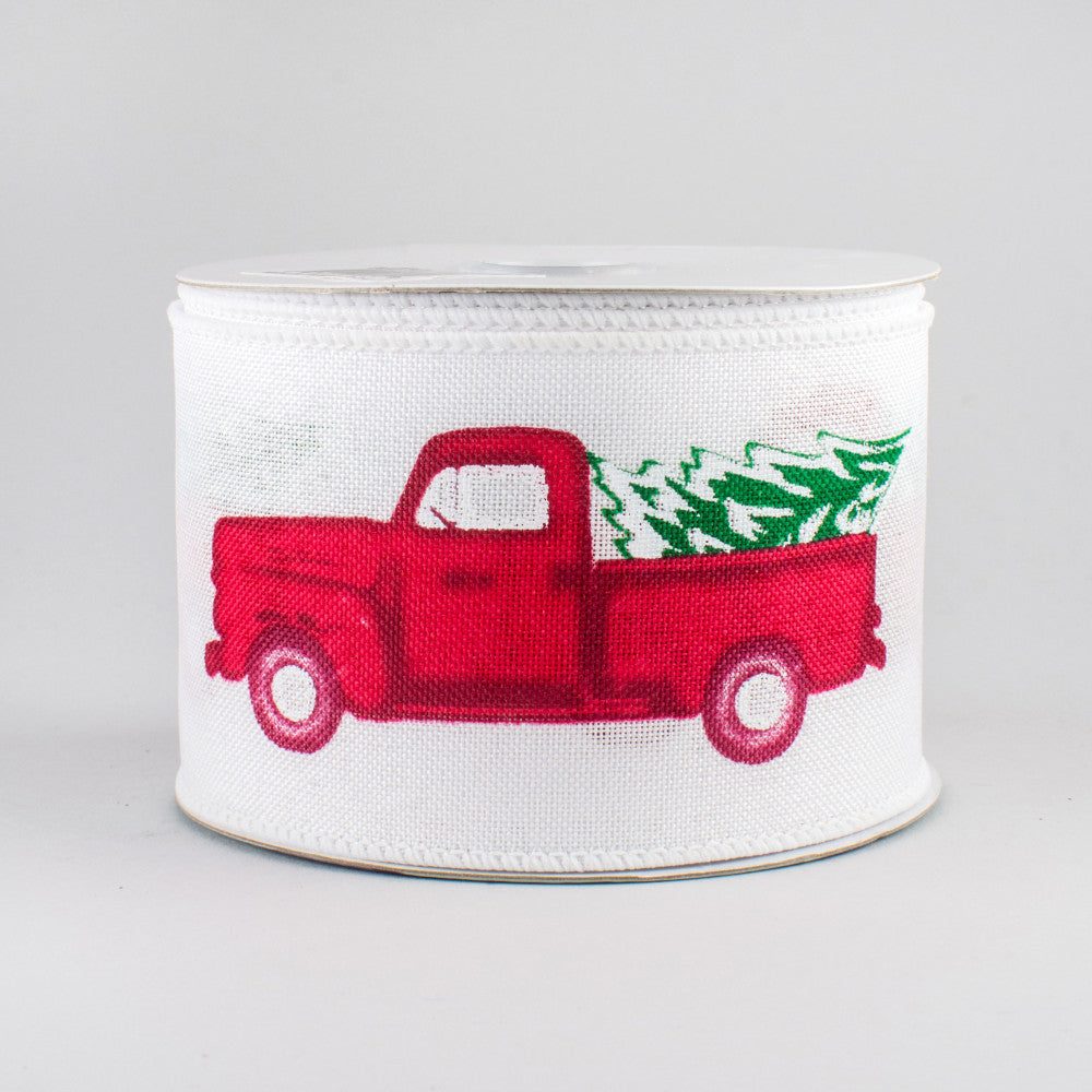💙 Vintage Red Truck with Tree Ribbon: White - 2.5" W x 10 yards