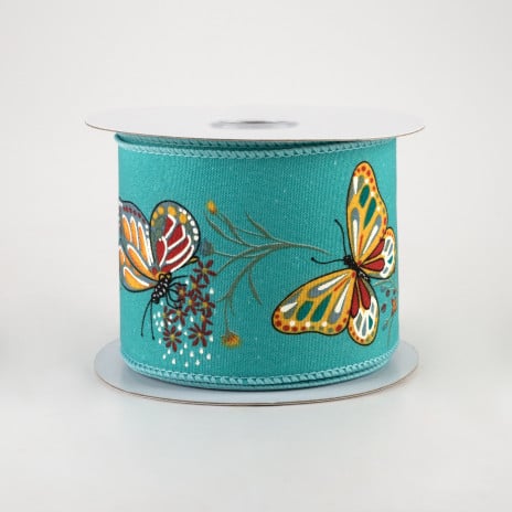 💙 Butterflies & Flowers on Light Teal Ribbon 2.5" x 10 yards