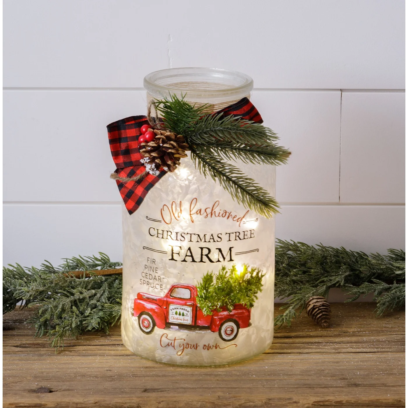 Christmas Tree Farm Truck Frosted Glass Luminary With Bow