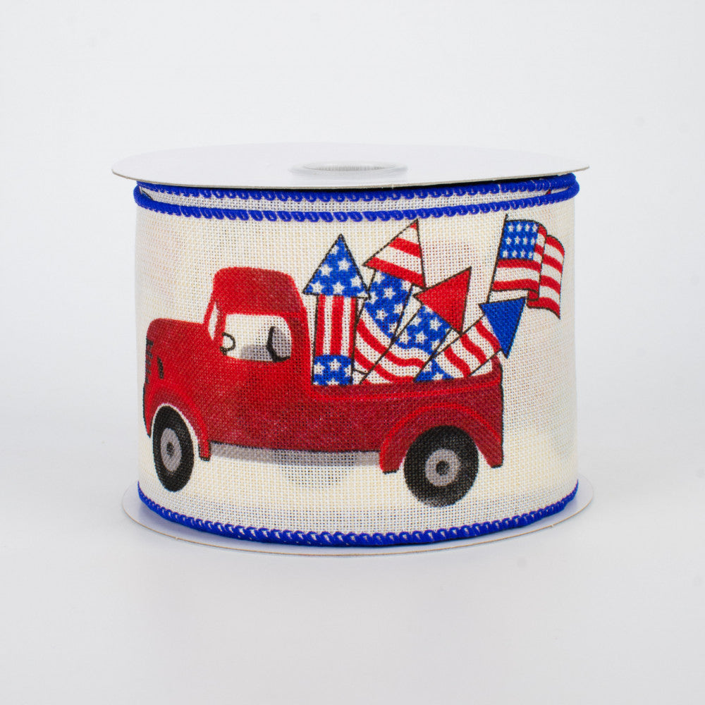 💙 Patriotic Vintage Truck on Cream Ribbon 2.5" wide x 10 yards