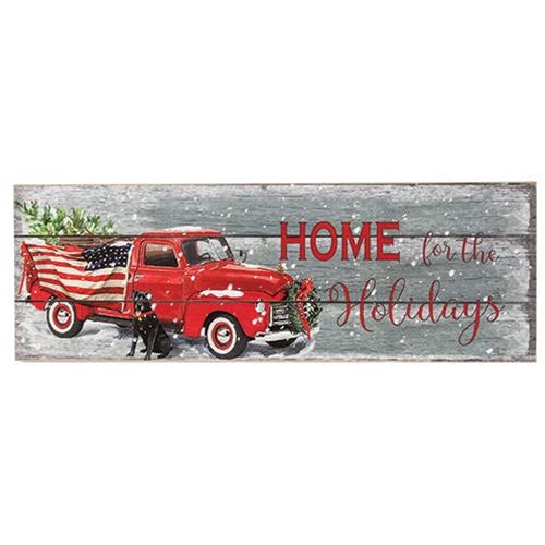 Home For The Holidays Americana Truck & Dog Slat Look Sign