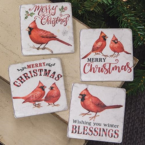 Set of 4 Christmas Cardinals Resin Drink Coasters