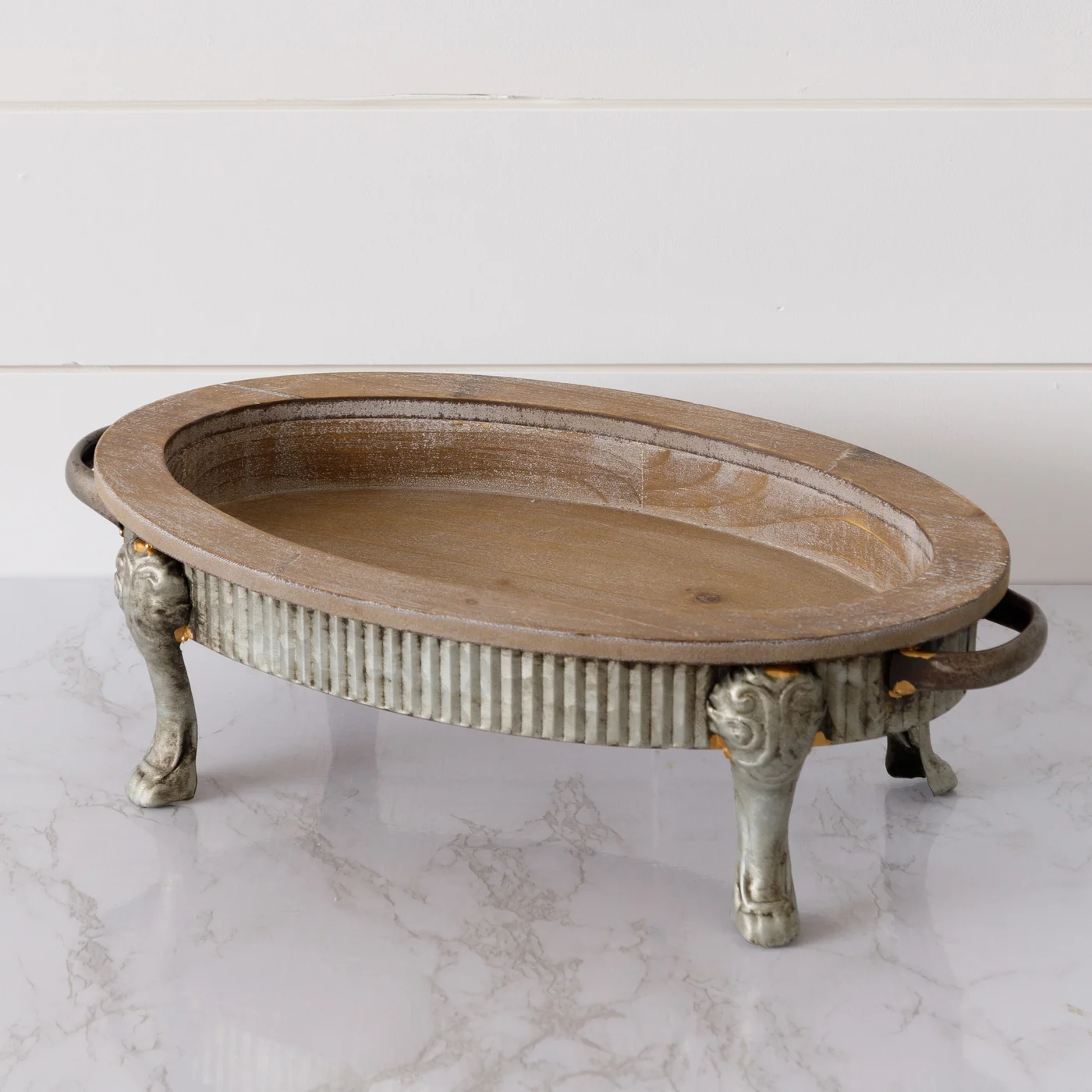 Wooden Distressed Tray with Clawfoot Metal Base