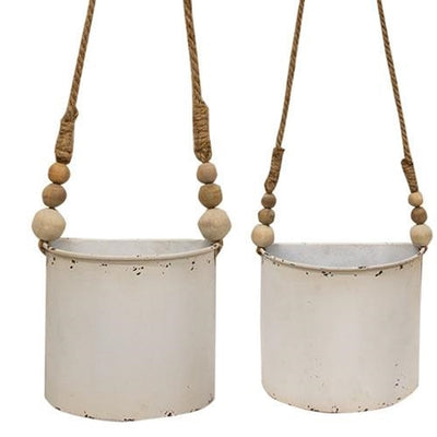 Set of 2 White Chippy Half Round Planters With Jute Hangers