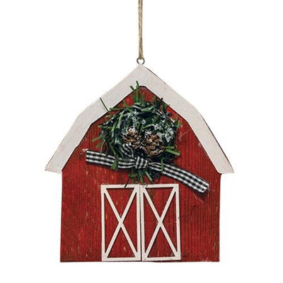 💙 Set of 2 Red and Grey Barn with Wreath Ornaments