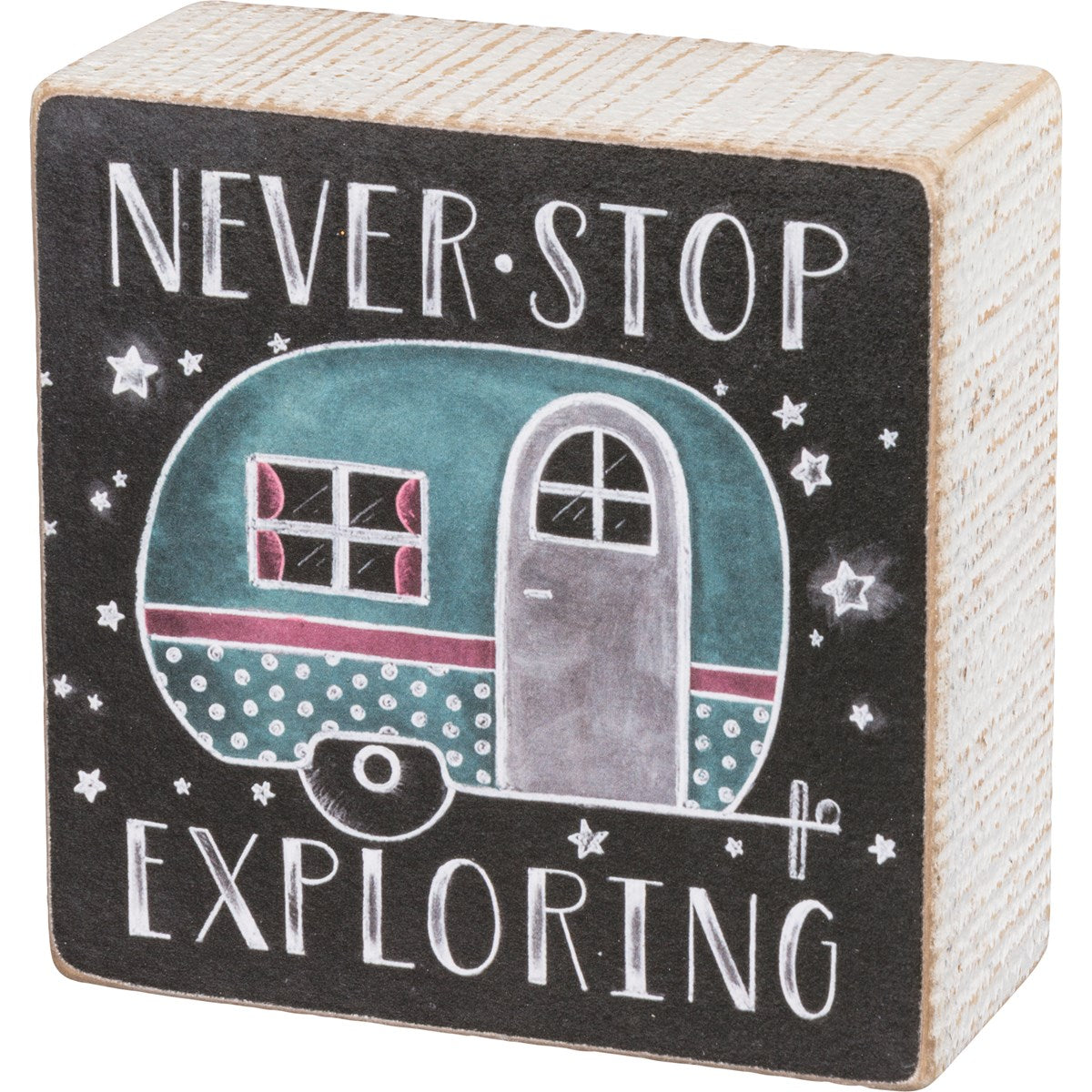 Never Stop Exploring Retro Camper Chalk Style Sign