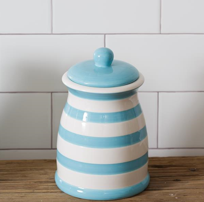 Blue and White Stripes Lidded Ceramic Jar