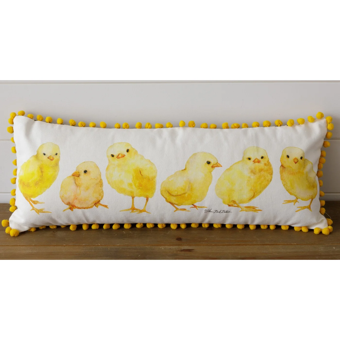 Row of Chicks 24" Lumbar Pillow With Pom Pom Trim