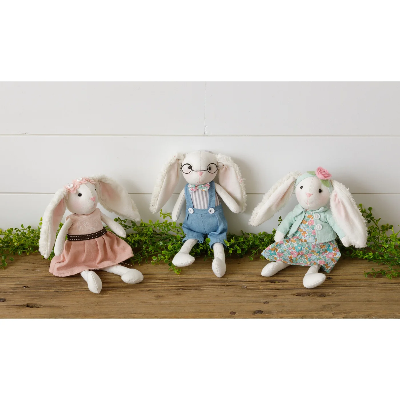 Set of 3 Lop Eared 12" Fabric Rabbits in Spring Outfits