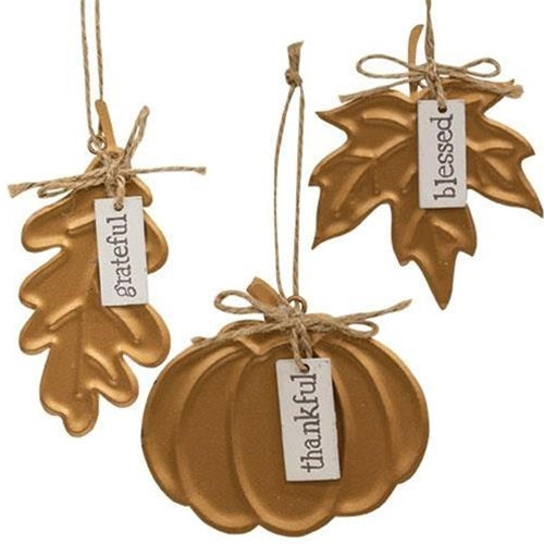 Set of 3 Thankful Grateful Blessed Harvest Leaf Metal Ornaments