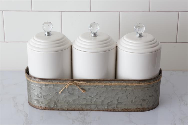 Triple White Canister Set with Galvanized Caddy