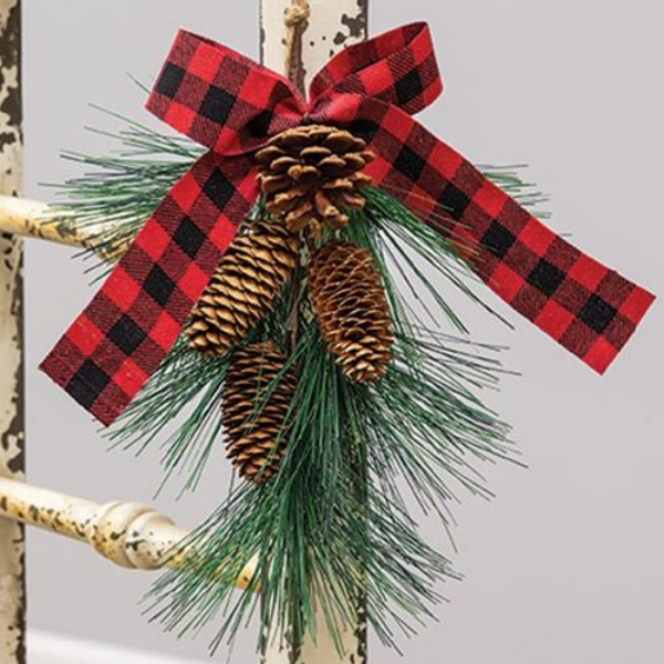 Hanging Pine with Buffalo Check Bow 13" Faux Spray