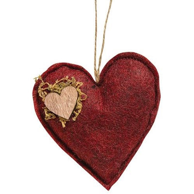 Red Felt Heart Ornament with Wooden Heart Accent