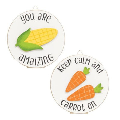Set of 2 Veggie Puns Corn & Carrots Mini Round Easel Signs
