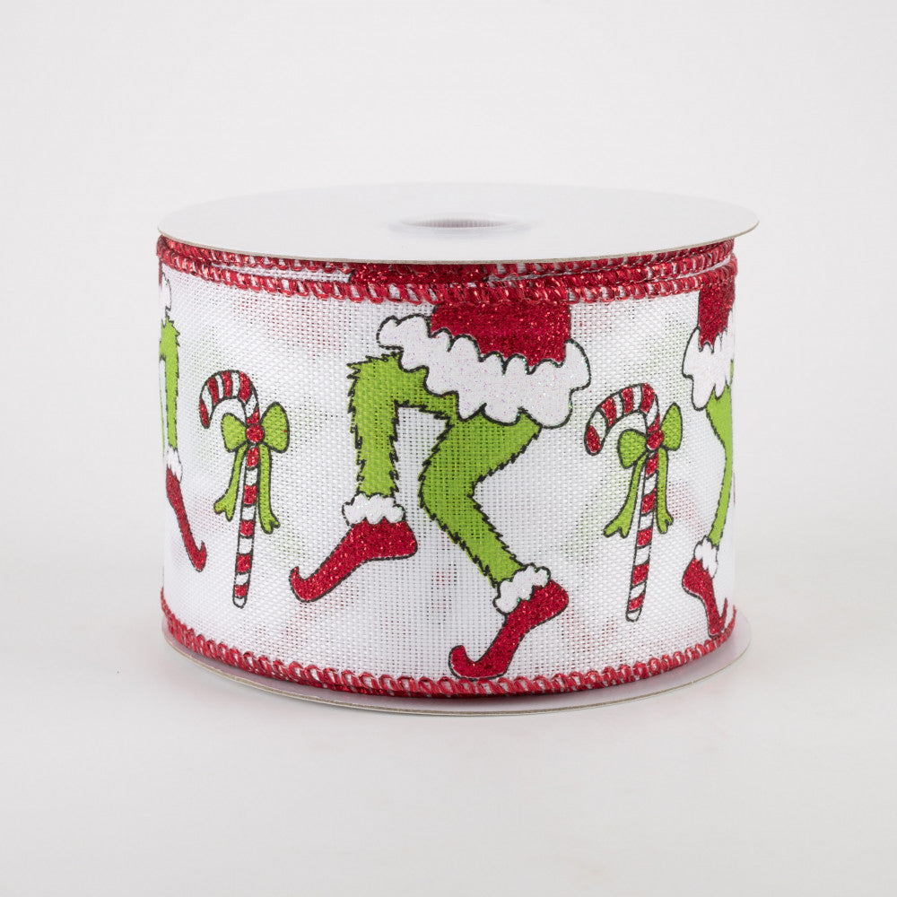 Green Monster Legs & Candy Canes Ribbon 2.5" x 10 yards