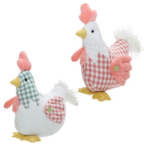 Set of 2 Stuffed Patchwork Spring Sitting Chickens