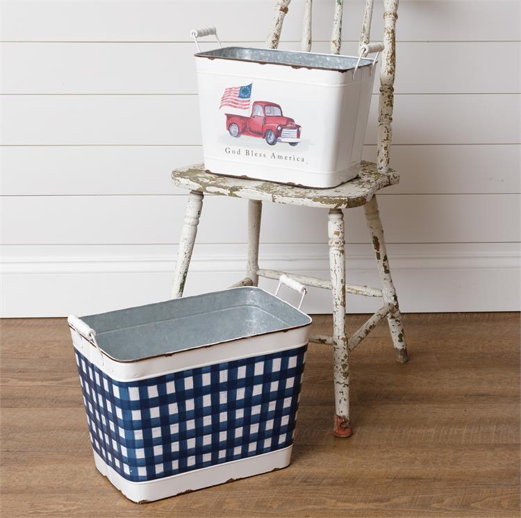 Set of 2 God Bless America Truck and Blue Gingham Tin Buckets