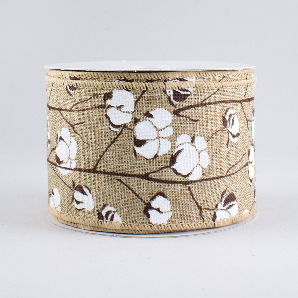 Cotton Boll Natural Wired Ribbon 2.5" wide x 10 yards