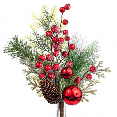 Snow Pine Berry Red Ball 14" Faux Evergreen Spray