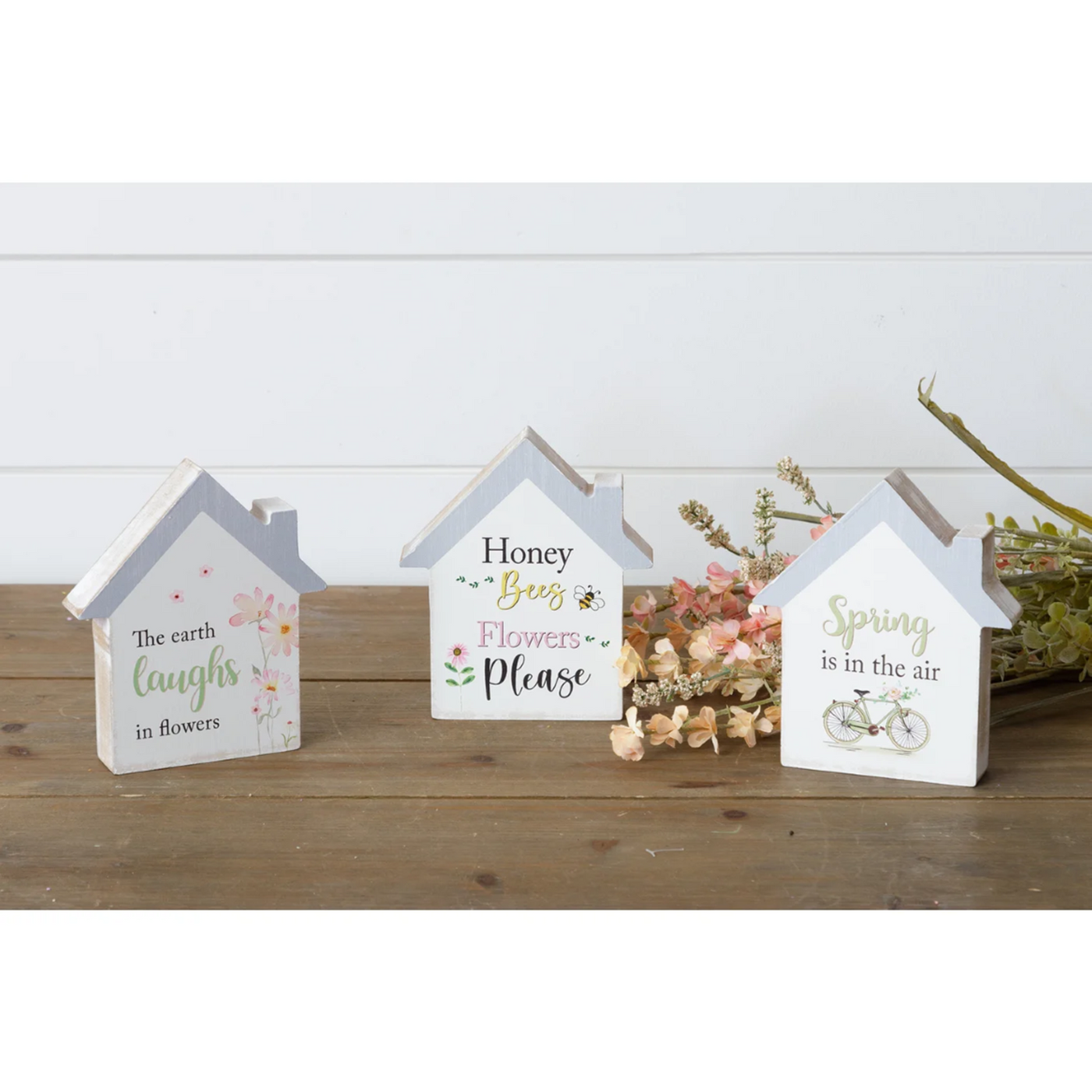 Spring Bee and Flowers Wood Block Houses Set of 3