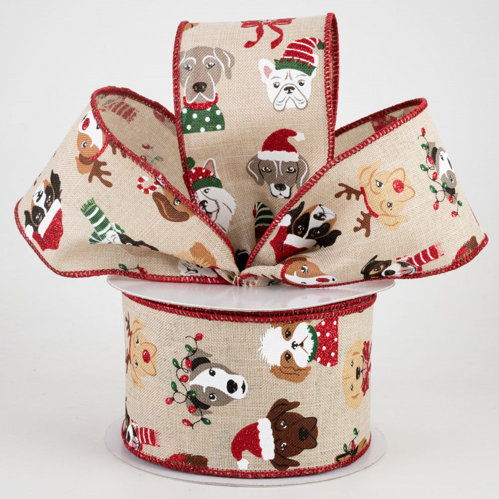 Christmas Dogs Light Natural Ribbon 2.5" x 10 yards