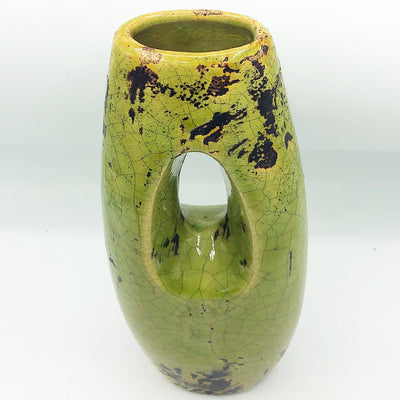 Rustic Art Deco Olive Green Vase 12" H