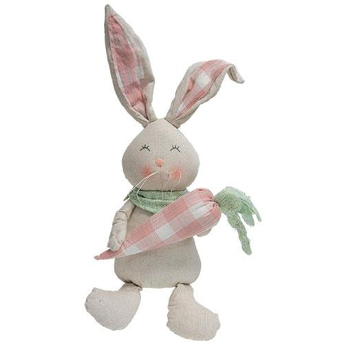 Sitting Smiling Fabric Bunny with Plaid Carrot
