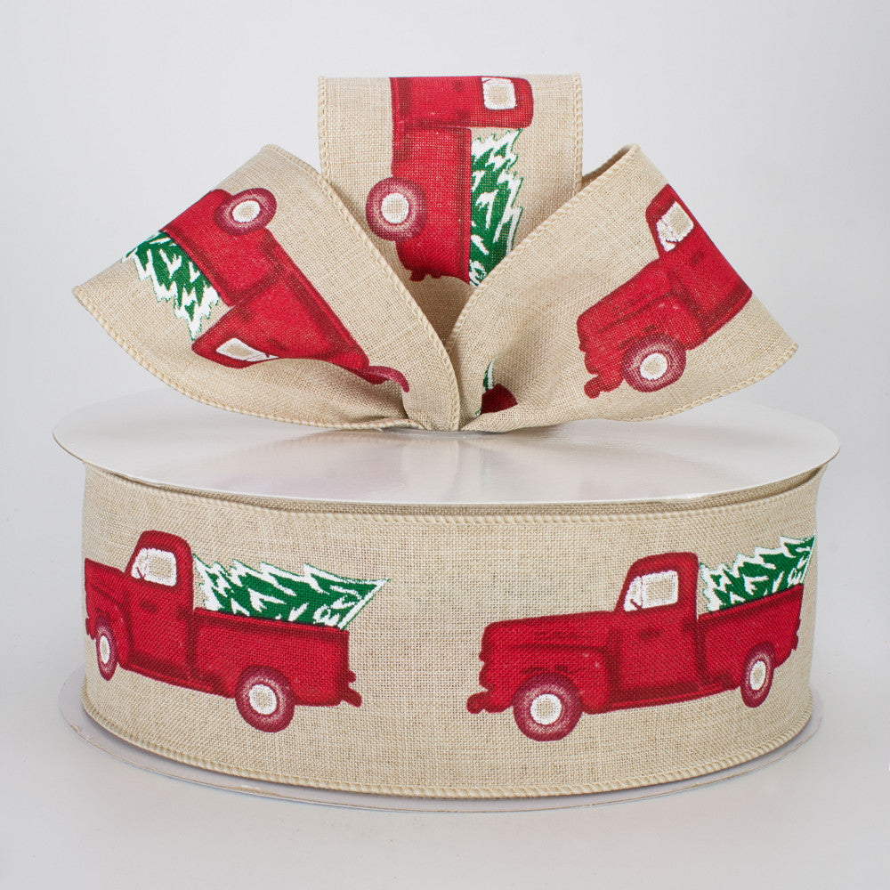 Vintage Truck With Tree on Natural Ribbon 2.5" x 50 yards
