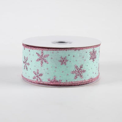 💙 Mint Green & Pink Glitter Snowflakes Ribbon 1.5" x 10 yards