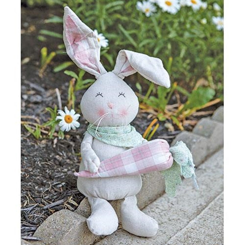 💙 Sitting Smiling Fabric Bunny with Plaid Carrot