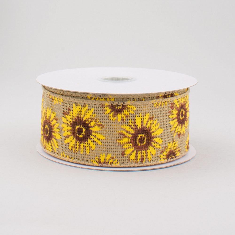 💙 Natural Burlap-Style Sunflower Ribbon 1.5" W x 10 yards