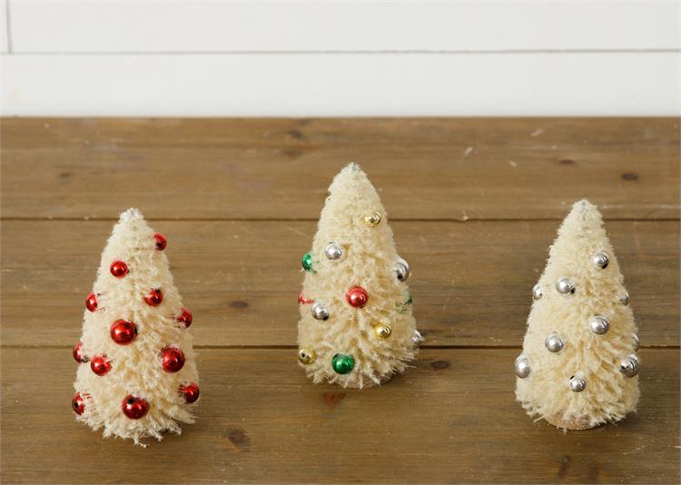 Set of 3 Assorted Cream Bottle Brush Trees With Ornaments