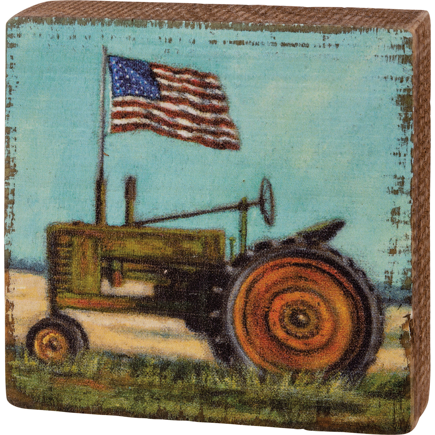 💙 Tractor With Flag Square Block Sign