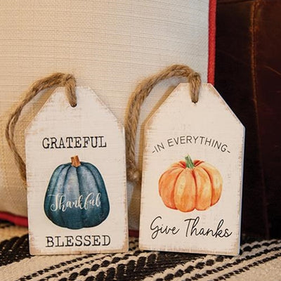 Set of 2 Grateful and Give Thanks Pumpkin Wood Tag Signs