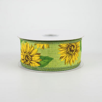 Sunflower on Lime Green Ribbon 1.5" x 10 yards