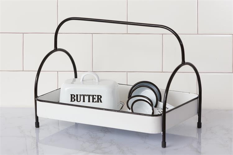 White with Black Trim Stand Up Metal Tray Caddy