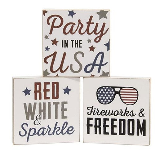 Set of 3 Red White & Sparkle Small 4th of July Blocks