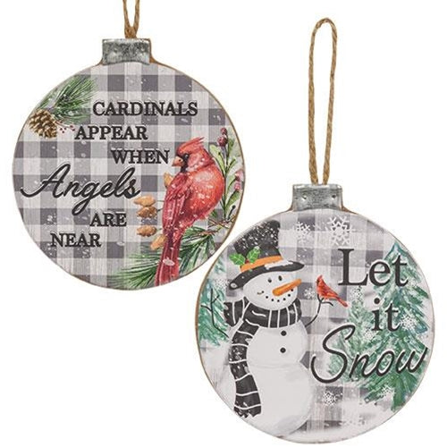 💙 Set of 2 Winter Cardinal and Snowman Buffalo Check Wood Ornaments