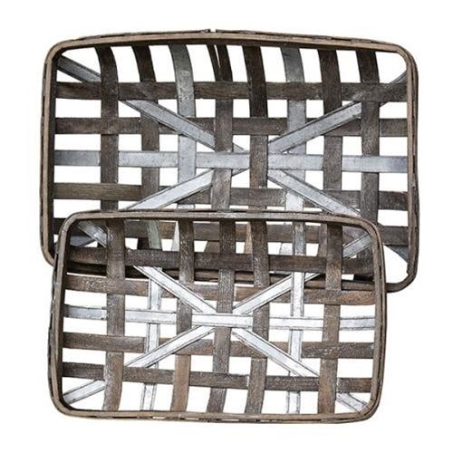 Set of 2 Gray Wash Rectangle Tobacco Baskets with Metal Strips
