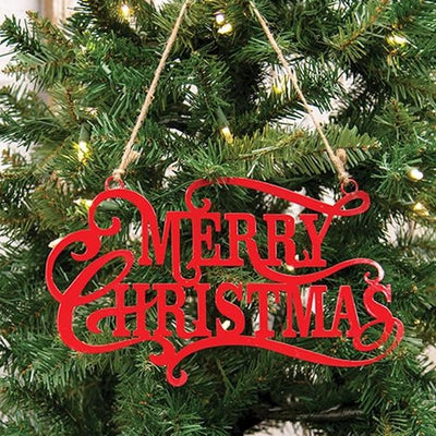 Merry Christmas Red Script Metal Hanging Sign