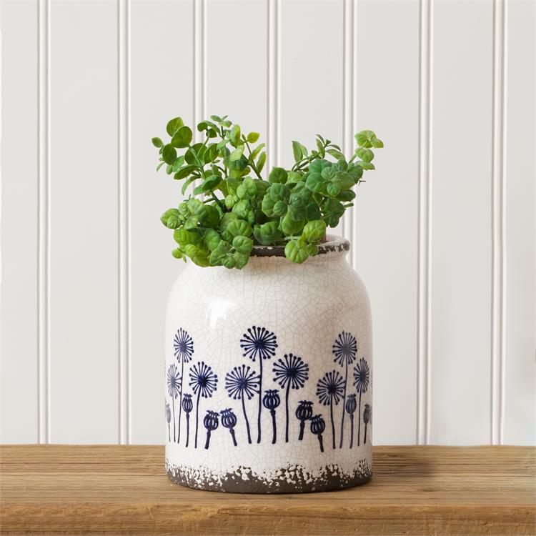 Blue and White Dandelion Pottery Crock