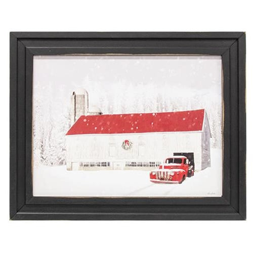Winter Barn & Red Truck Framed Print