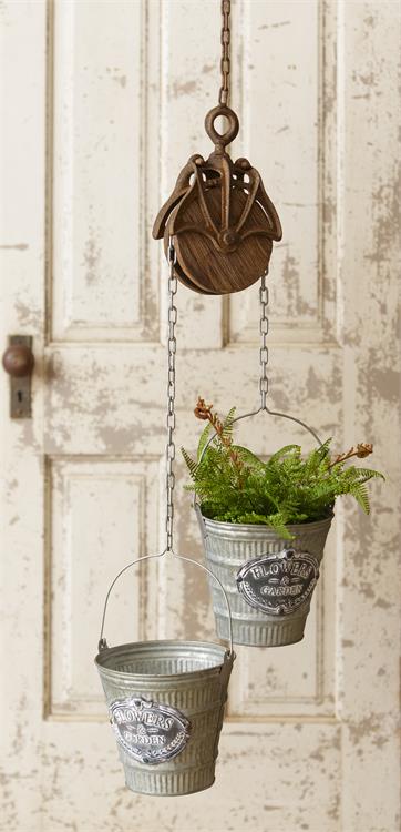 Flowers and Garden Duo Buckets with Rustic Pulley Hanger