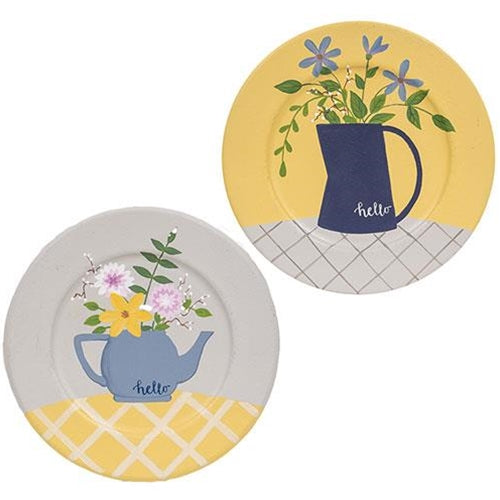 Set of 2 Hello Teapot and Pitcher with Flowers Decorative Plates
