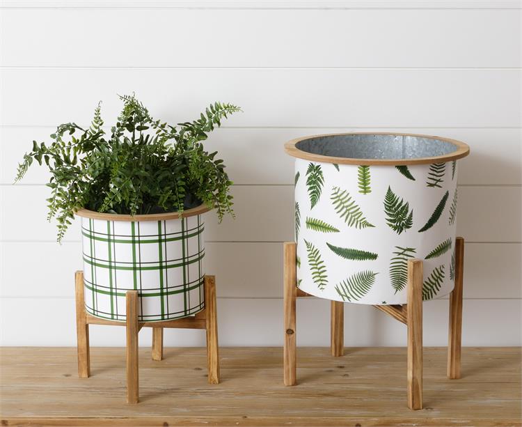 Set of 2 Tin Fern Planters with Wooden Stands