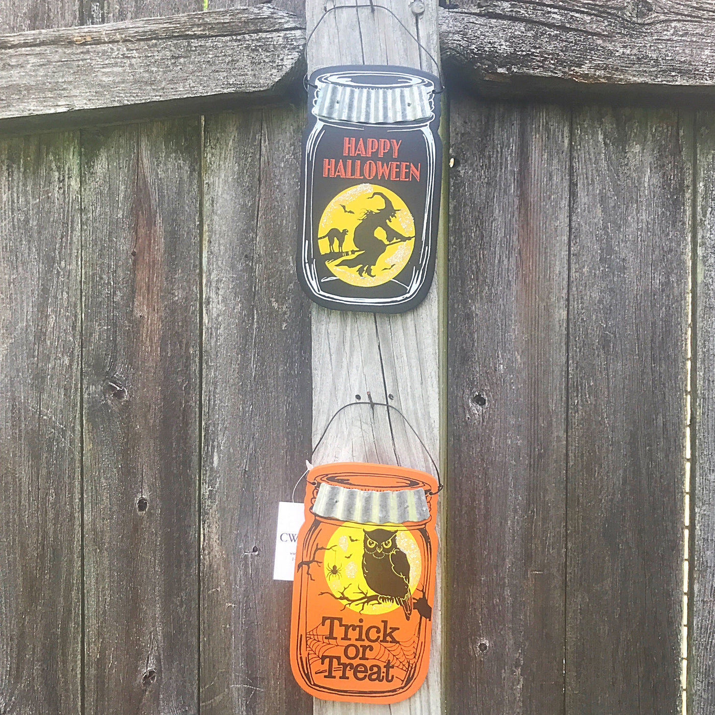Set of Two Happy Halloween Jar Mini Hanging Signs - Owl and Witch