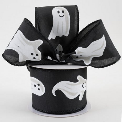 Ghosts on Black Background Ribbon 2.5" x 10 yards